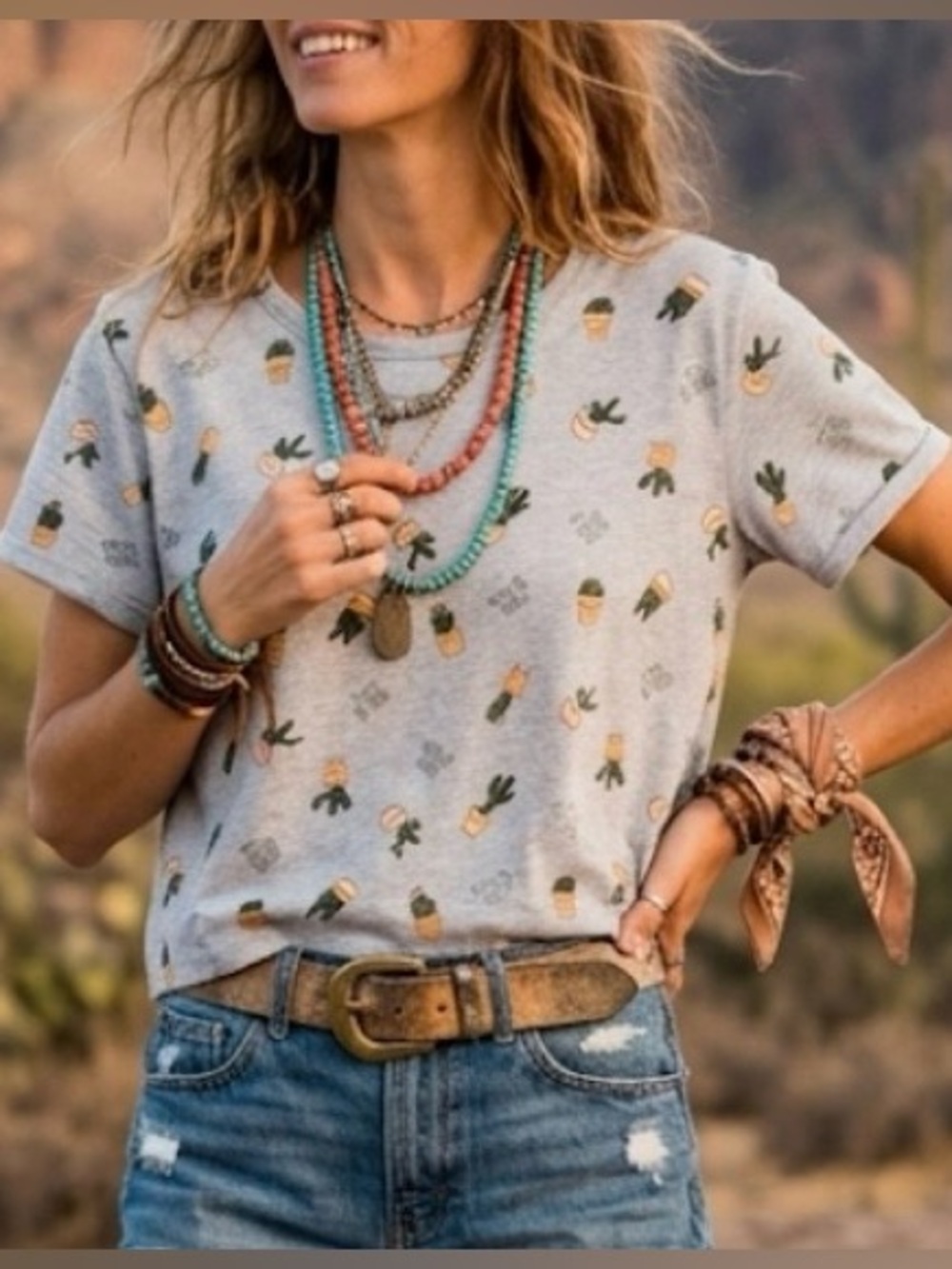 Vibe N ‘Grow In Grace’ Cactus Print Gray Cropped T-shirt Summer Casual 🏜️🌵